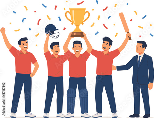 Cricket team celebrating victory with trophy and confetti