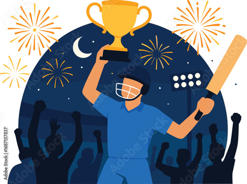 Cricket Player Wins Championship Holding Trophy with Bat