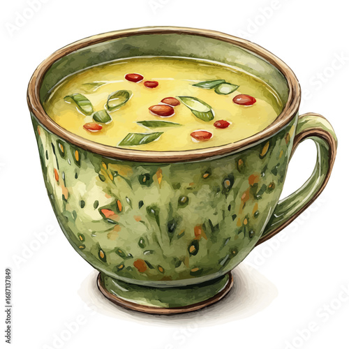 watercolor vector of Lentil Soup, isolated on a white background.