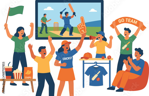 Cricket fans cheer for their team watching the game