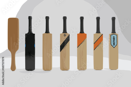 Collection of Cricket Bats Lined Up Against White Background