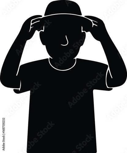Vector man adjusting hat black and white silhouette Illustrator