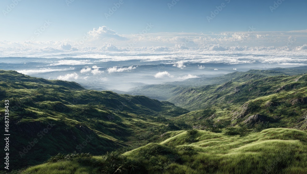 Naklejka premium Lush valley between rolling hills under a bright sky