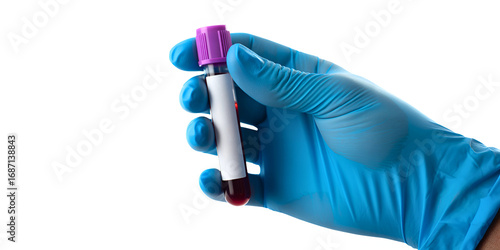 Gloved hand holding blood sample vial with red liquid for laboratory testing and medical diagnostics concept