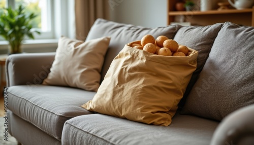 create a humorous visual metaphor depicting a bag of fresh potatoes resting on a cozy living room sofa, symbolizing a sedentary, lazy lifestyle often referred to as a couch potato