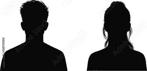 Man and woman silhouette illustration, male and female profile design, couple vector artwork, black portrait outline, people headshot graphic