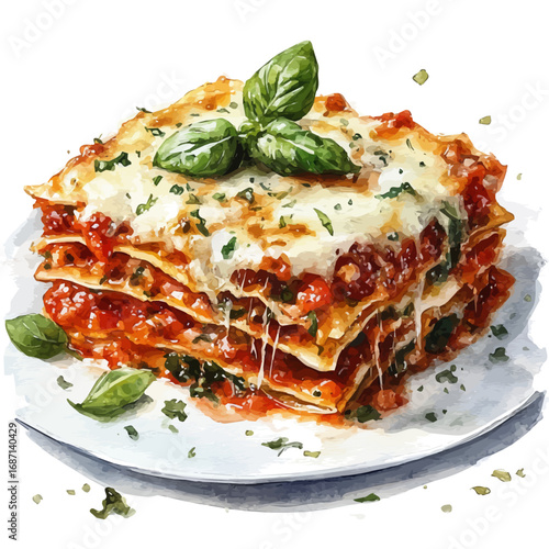 Lasagna, watercolor clipart vector, isolated on a white background.