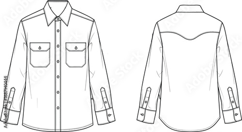 Men's formal shirt front and back view, button-down dress shirt vector, long sleeve business attire, clothing design illustration, fashion garment