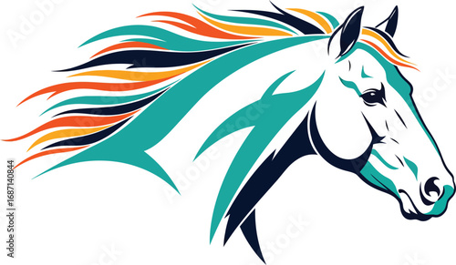 Majestic horse head with flowing multicolored mane conveying power and freedom in equine art