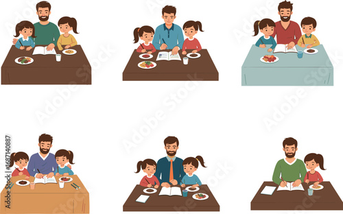 Father and children reading, family learning time, parenting moments, kids studying, family bonding, dinner table study, happy home education, togetherness.