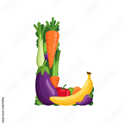 Colorful capital letter L illustration, skillfully formed from a vibrant selection of fresh fruits and vegetables, symbolizing healthy eating, natural nutrition