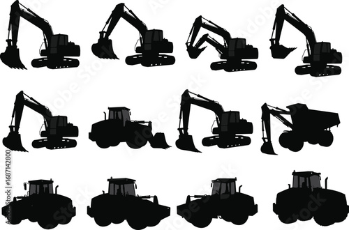 Silhouettes of construction equipment including excavators, dump trucks, tractors, loaders, and heavy machinery for industrial and building projects