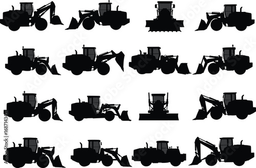Silhouettes of construction vehicles including excavators, loaders, bulldozers, tractors, and heavy machinery equipment for industrial and building projects