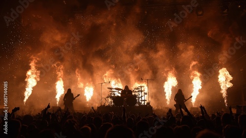 Epic rock concert performance outdoor arena live music event energetic atmosphere audience view entertainment vibes