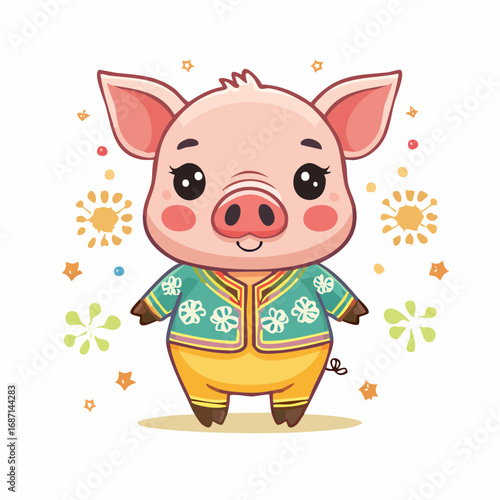Adorable Pig Cartoon Illustration with Decorative Elements
