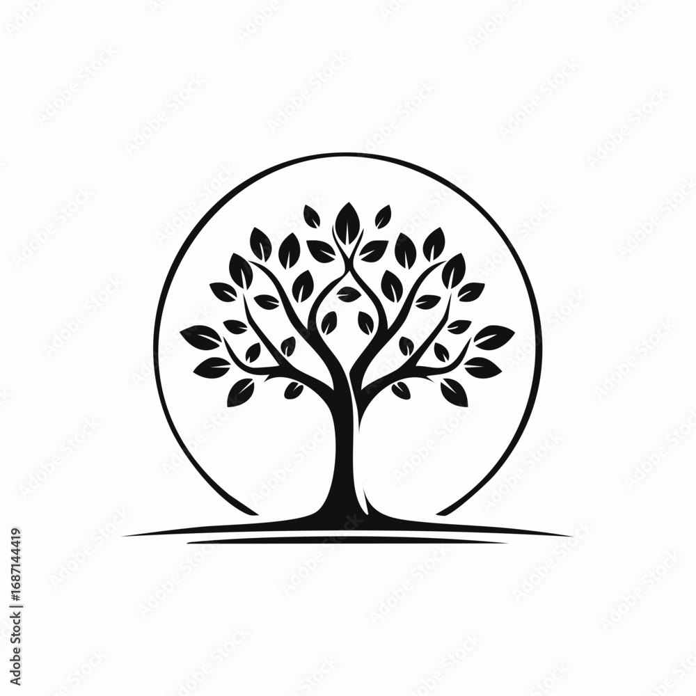 Obraz premium Monochrome silhouette of a majestic tree of life within a circle, symbolizing growth, harmony, and the eternal cycle of nature