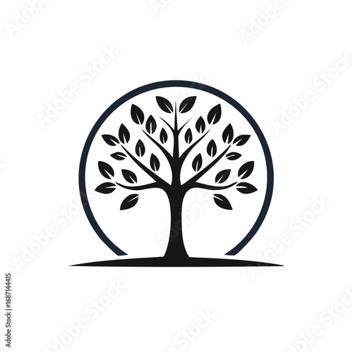 Stylized tree of life logo with roots and leaves enclosed in a circular frame. A symbol of growth, nature, ecology, and wellness