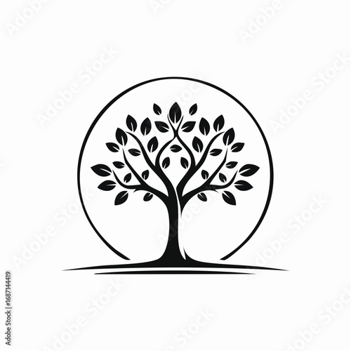 Monochrome silhouette of a majestic tree of life within a circle, symbolizing growth, harmony, and the eternal cycle of nature