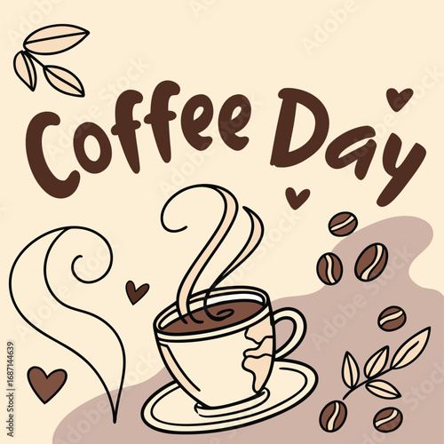 Hand drawn coffee day illustration with steaming cup and beans