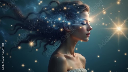A mystical woman with cosmic elements and a starry background, representing inner peace