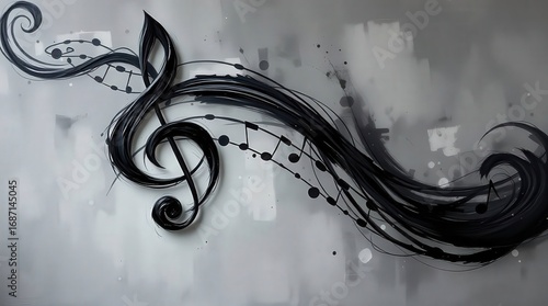 Wallpaper Mural Elegant black treble clef and musical notes flowing on a modern abstract grayscale background Torontodigital.ca