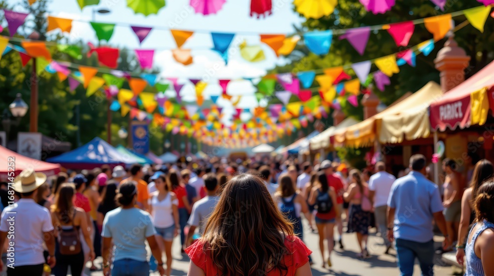 Naklejka premium Festive Outdoor Market Festival with Crowds and Colorful Banners