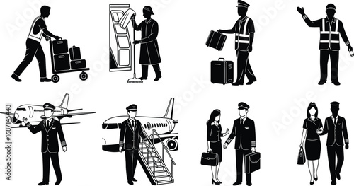 Airline and airport staff vector illustration showing pilots, flight attendants, baggage handlers, ground crew, and air travel operations scenes