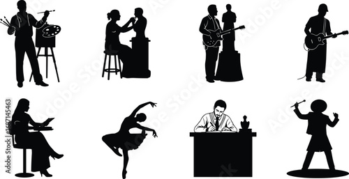 Artists painting, sculpting, playing music, dancing, writing, performing on stage, creative art professions, silhouette illustration, talent expression