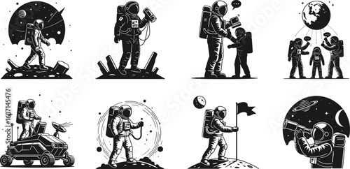 Astronaut vector illustrations, space exploration, moon landing, spacewalk, rover driving, planet observation, futuristic science fiction concept art