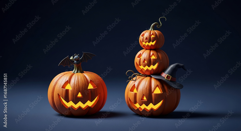 Two illuminated jack-o'-lanterns, one with a bat, other stacked with a witch's hat, against a dark background, ideal for Halloween celebrations or thematic designs Two illuminated jack-o'-lanterns, one with a bat, other stacked with a witch's hat, against a dark background, ideal for Halloween celebrations or thematic designs