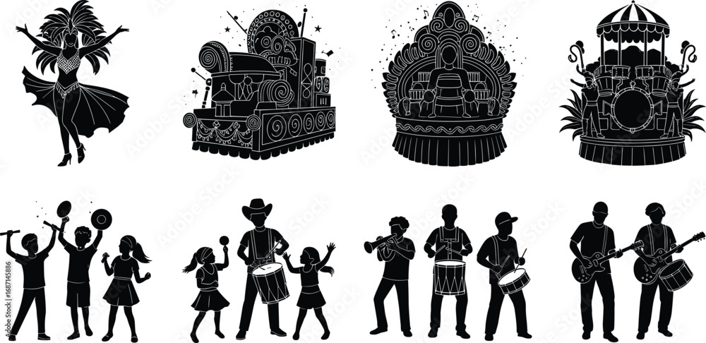 Naklejka premium Carnival parade vector set, samba dancer, music band, festive float, street celebration, dancing people, cultural festival, marching musicians