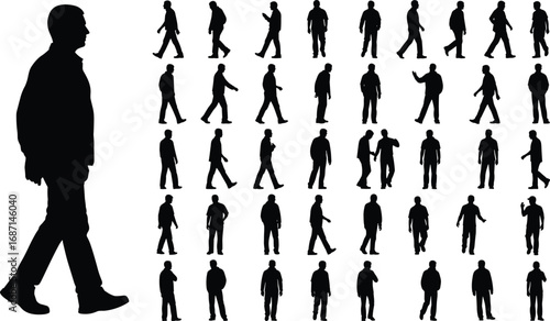 Silhouettes of walking man in multiple poses, side view and front view, casual movement, vector illustration, black and white design, flat vector illustration
