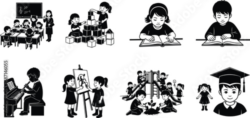 Children education icons, school kids studying, reading books, learning, music, art, playing, graduation, preschool activities, classroom fun