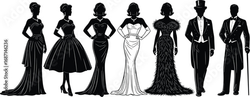 Elegant vintage fashion silhouettes, retro evening gowns, classic tuxedos, formal wear, sophisticated style, black and white vector illustration, glamour, elegance.