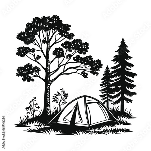 Black and white illustration of a campsite in a forest