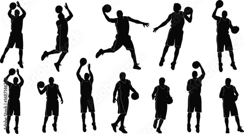 Basketball player silhouettes in action, jumping, dribbling, shooting, passing, dynamic poses, black vector illustration, sport movement, athletic figures, isolated.