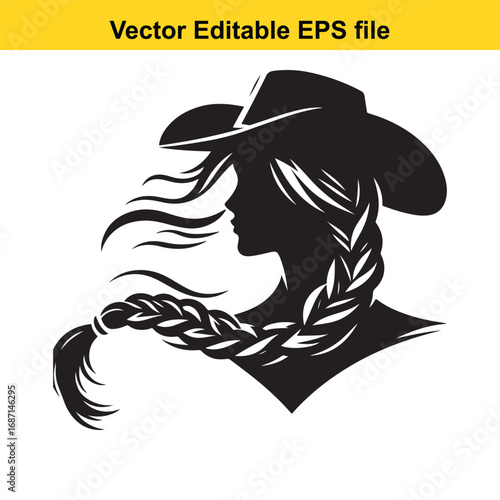 Silhouette of a woman with a cowboy hat and braid isolated on white background