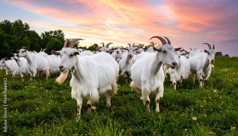 Fototapeta premium White goats in a field at sunset
