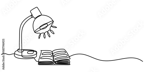 open book with lamp continuous one line drawing,  One line drawing of a light bulb on a book. Highlighting creativity and enlightenment. 