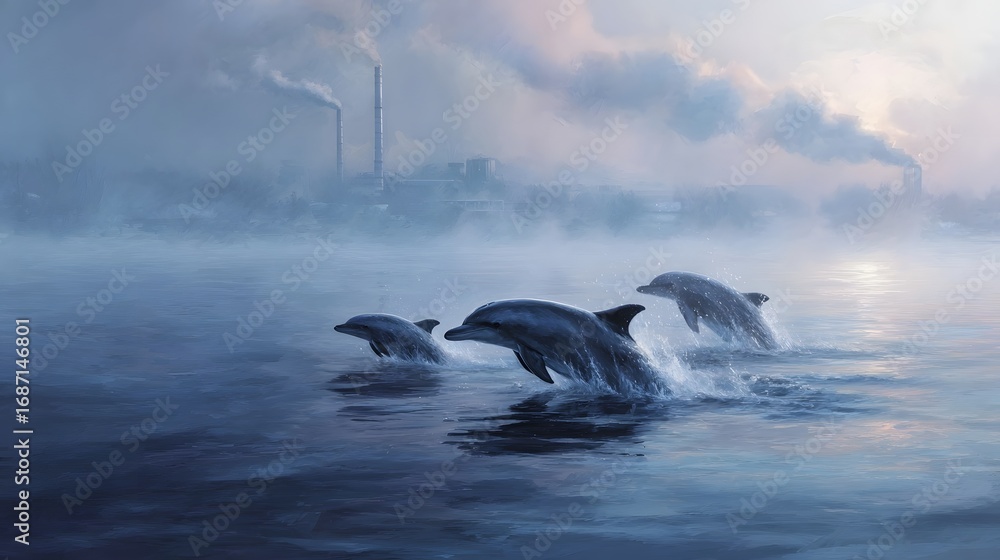 Fototapeta premium Dolphins leaping in hazy waters with industrial smokestacks in the background symbolizing environmental contrast