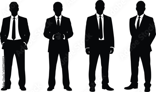 Silhouettes of four professional men in business suits standing confidently, formal attire, corporate, leadership, success, black and white vector illustration.