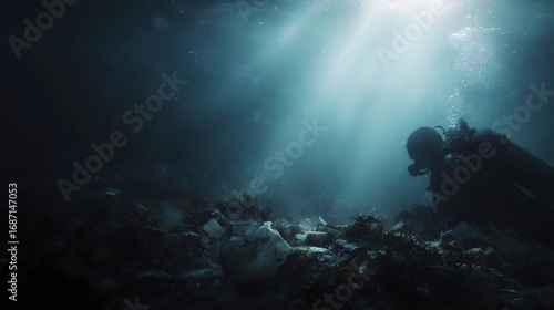 Wallpaper Mural Scuba diver explores polluted ocean floor with debris illuminated by light rays Torontodigital.ca