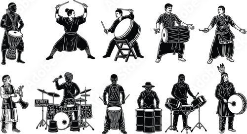 Drummers and percussionists playing traditional and modern drums, street drummer, cultural and tribal drum music, musical performance silhouettes