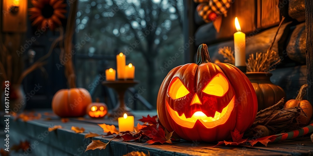 Fototapeta premium A spooky halloween scene featuring a carved pumpkin and lit candles