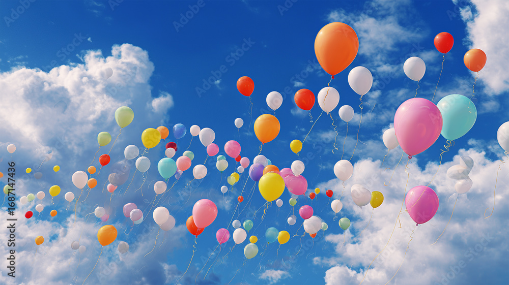 Fototapeta premium 夏の入道雲と青空に舞う色とりどりの風船たち