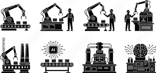 Factory automation icons set, robotic arms, AI technology, industrial machines, smart manufacturing, production line, innovation, future industry, factory workers