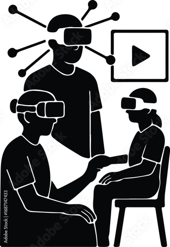 Vector People wearing VR glasses interacting in virtual reality silhouette Illustrator