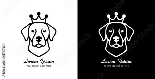 A logo design in the form of a dog's head wearing a crown using a modern line art style