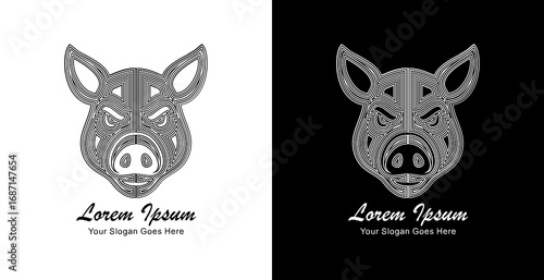 The logo design is in the shape of a pig's head with a front view and is made using thick lines that form a layered pattern