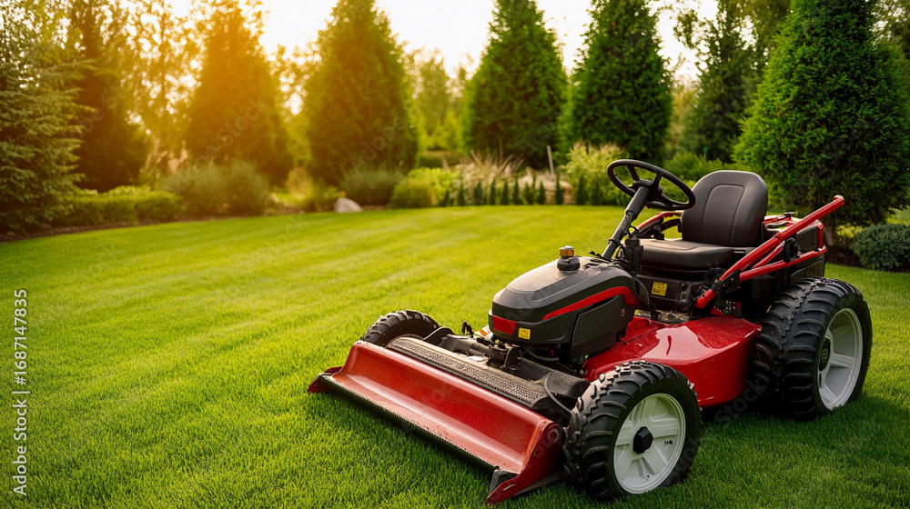 Fototapeta premium Red riding lawn mower on a sunny garden in spring Generative AI